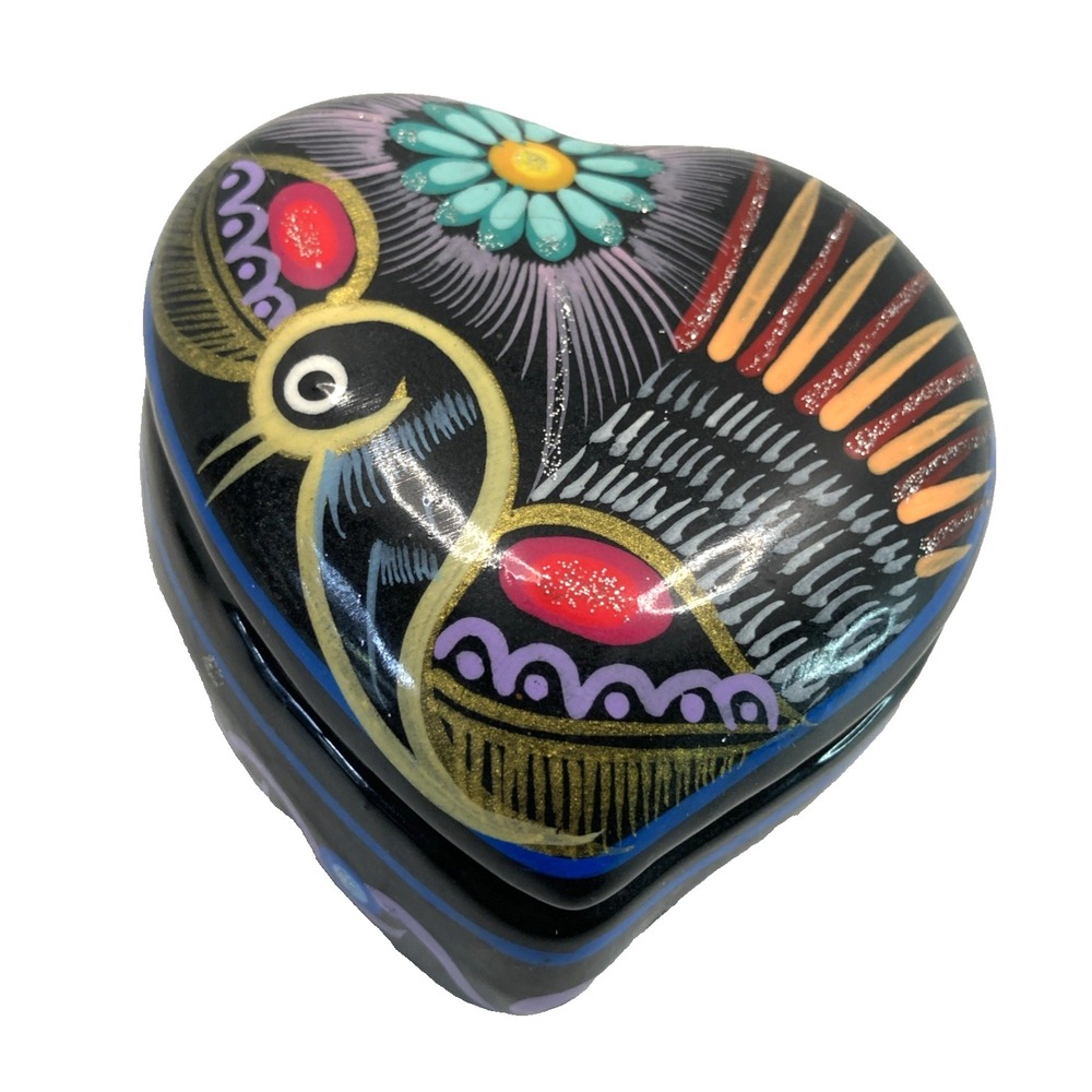 Blue Talavera Heart Handmade Mexican Pottery Multicolor 3.25 Inch Trinket Box